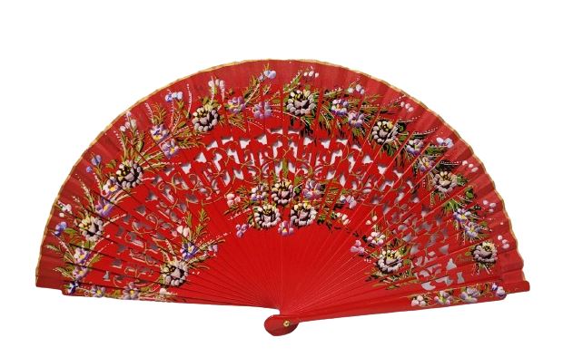 Cheap Red Wood Fan with Painted Flowers for Events